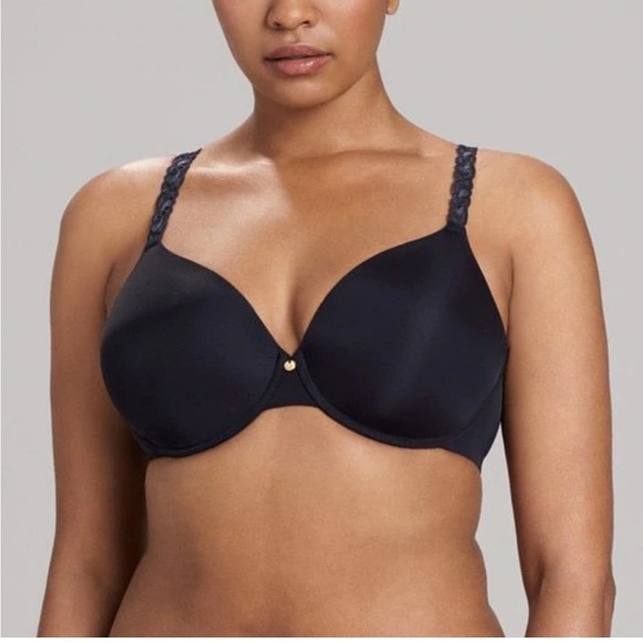 Natori Pure Luxe Plunge T Shirt Bra in black. Lightly padded. Lace and gold. 38D - Picture 1 of 13
